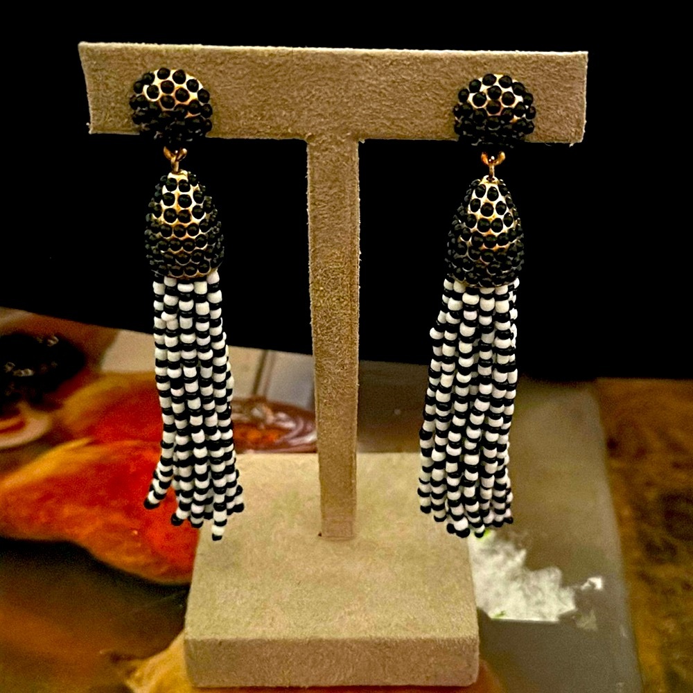 Baublebar pierced earrings long beaded tassels blue and white cone shaped caps